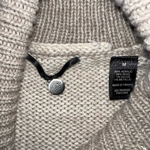 BKE Sweaters - BKE Boutique Wool Blend Tan Cream Metallic Gold Lace Button Cardigan Sweater